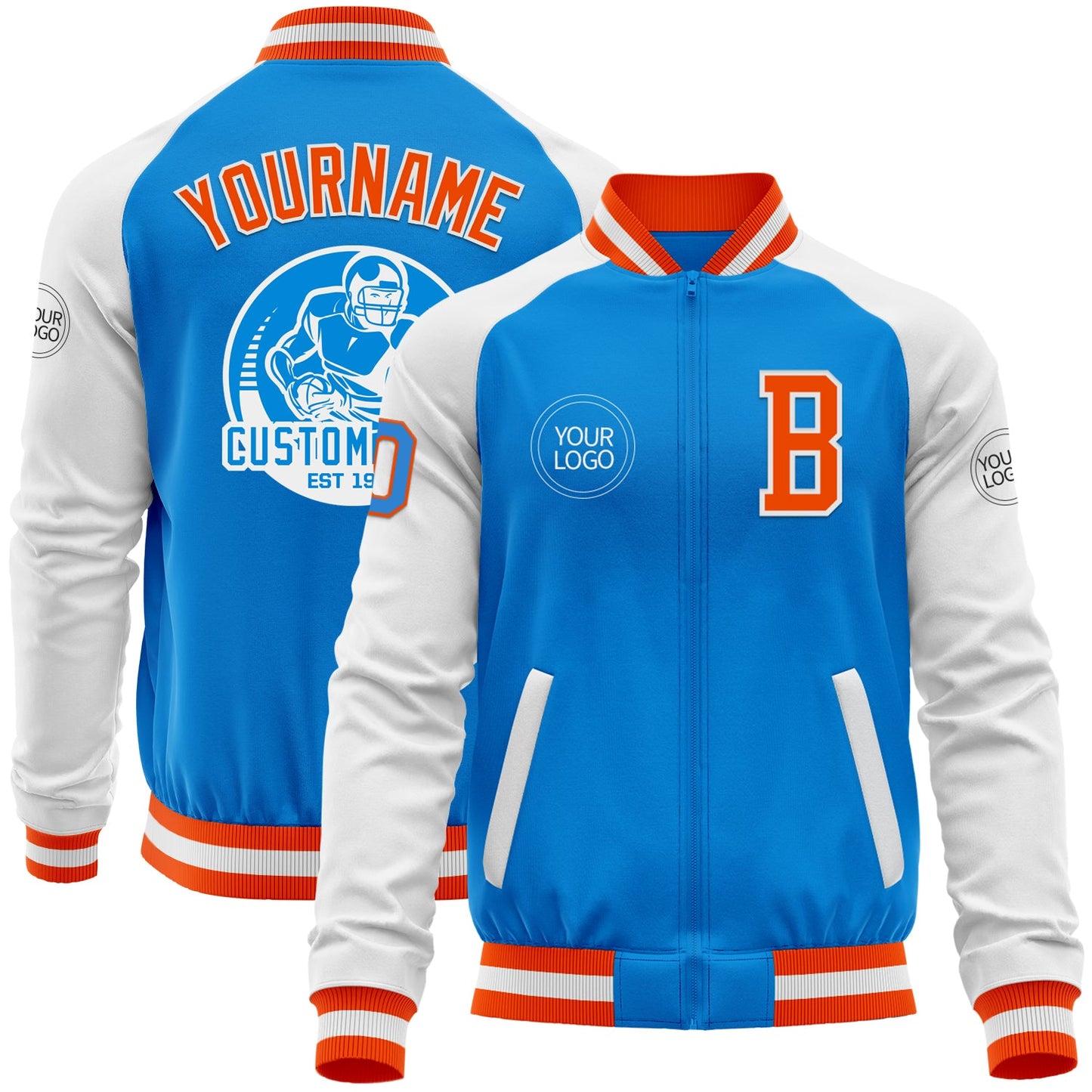 Custom Powder Blue Orange-White Bomber Varsity Letterman Two Tone Zipper Jacket - Main View