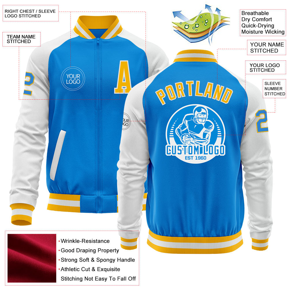 Custom Powder Blue Gold-White Bomber Varsity Letterman Two Tone Zipper Jacket view 4
