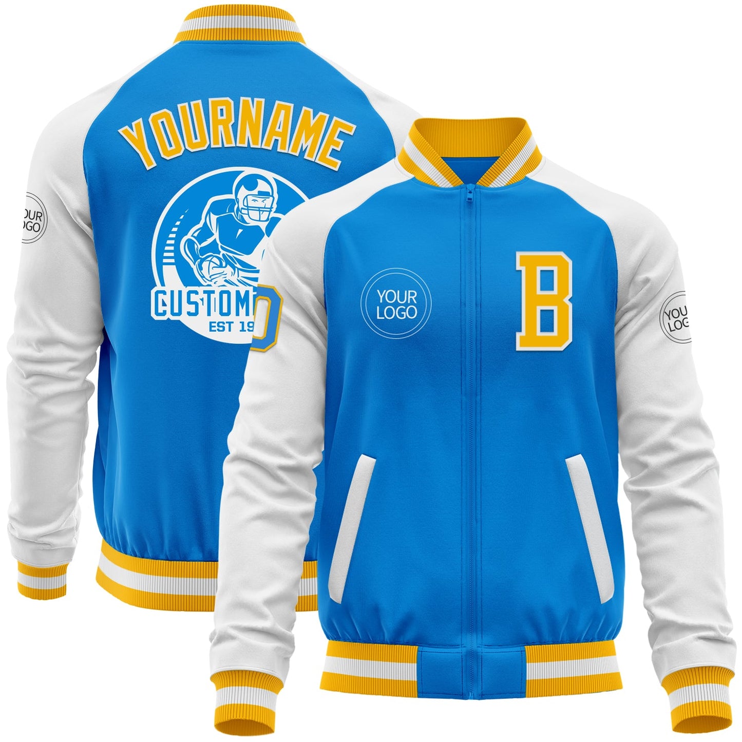 Custom Powder Blue Gold-White Bomber Varsity Letterman Two Tone Zipper Jacket - Main View