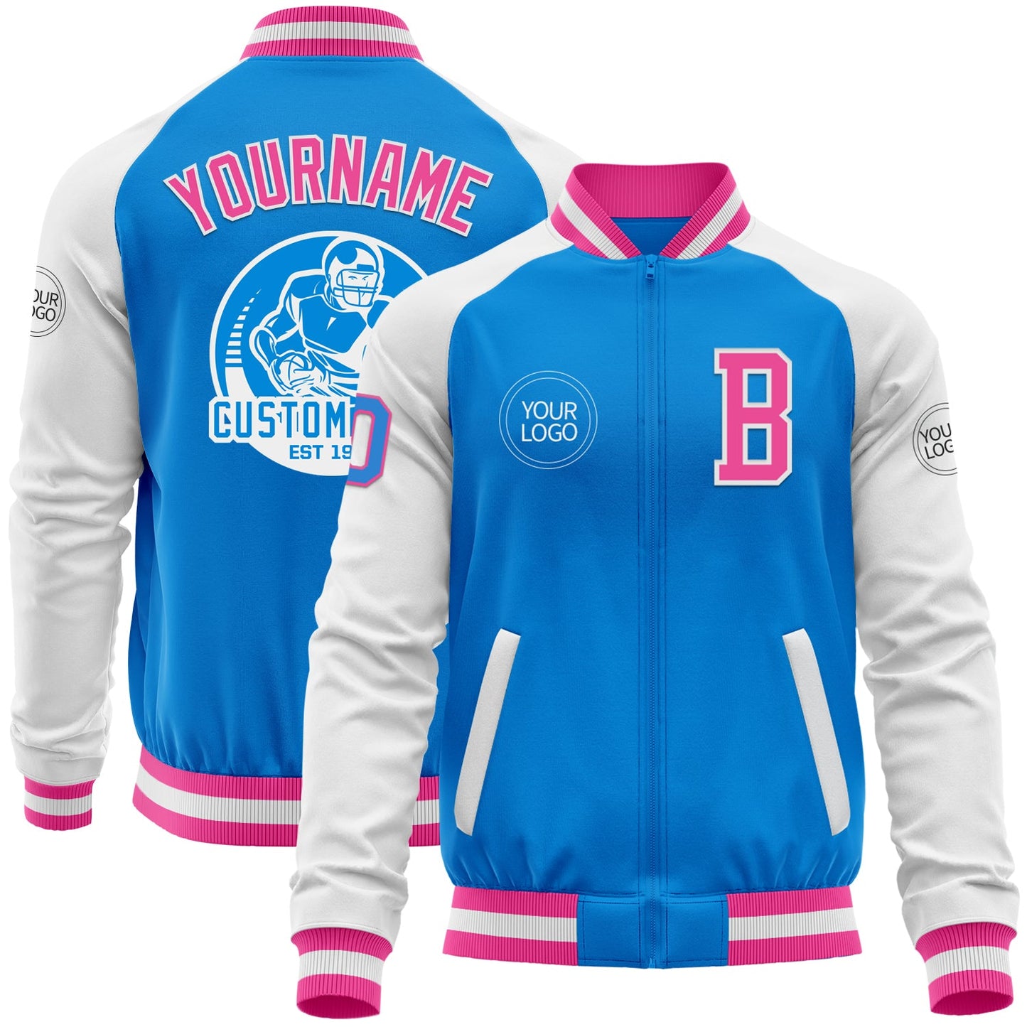 Custom Powder Blue Pink-White Bomber Varsity Letterman Two Tone Zipper Jacket - Main View