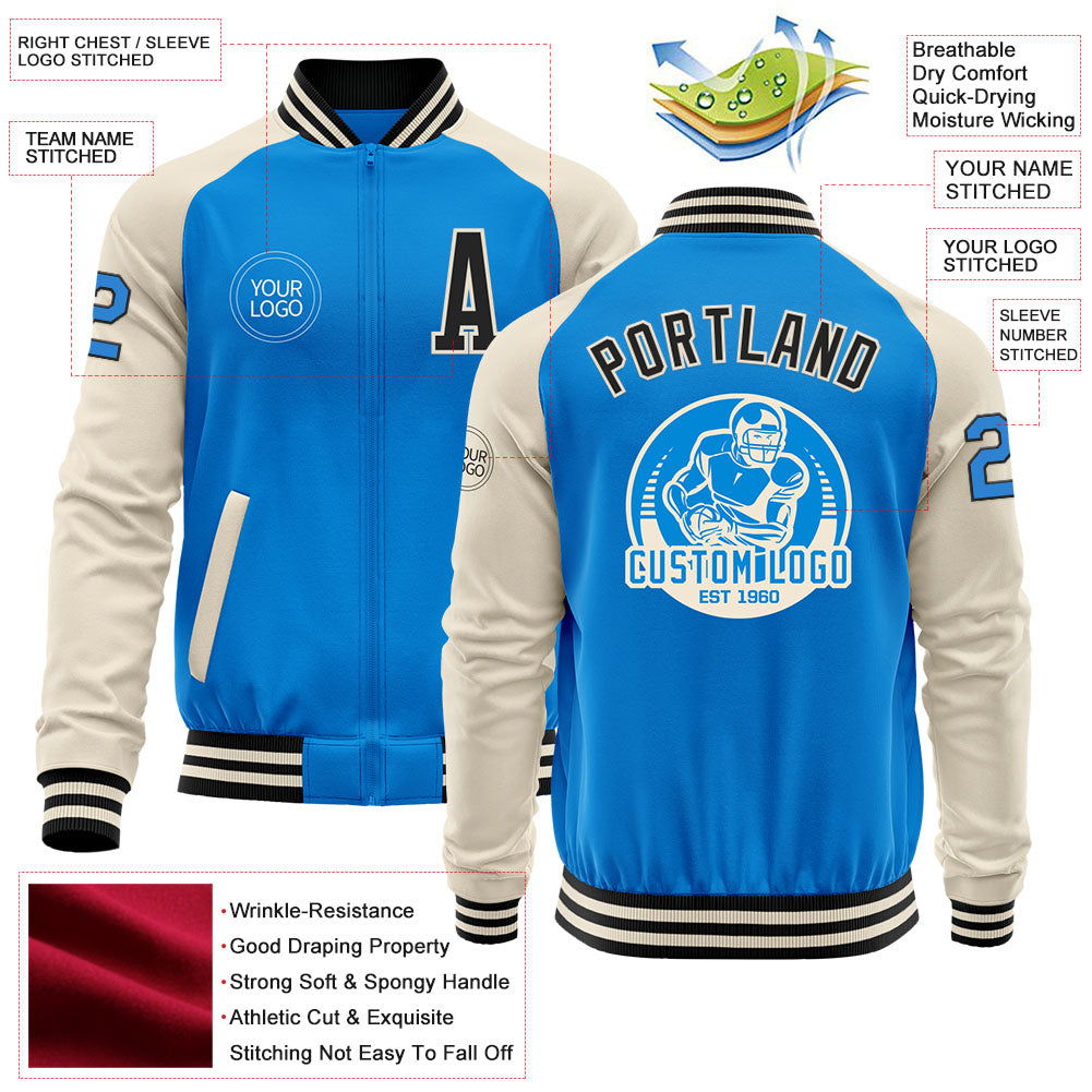 Custom Powder Blue Black-Cream Bomber Varsity Letterman Two Tone Zipper Jacket view 4