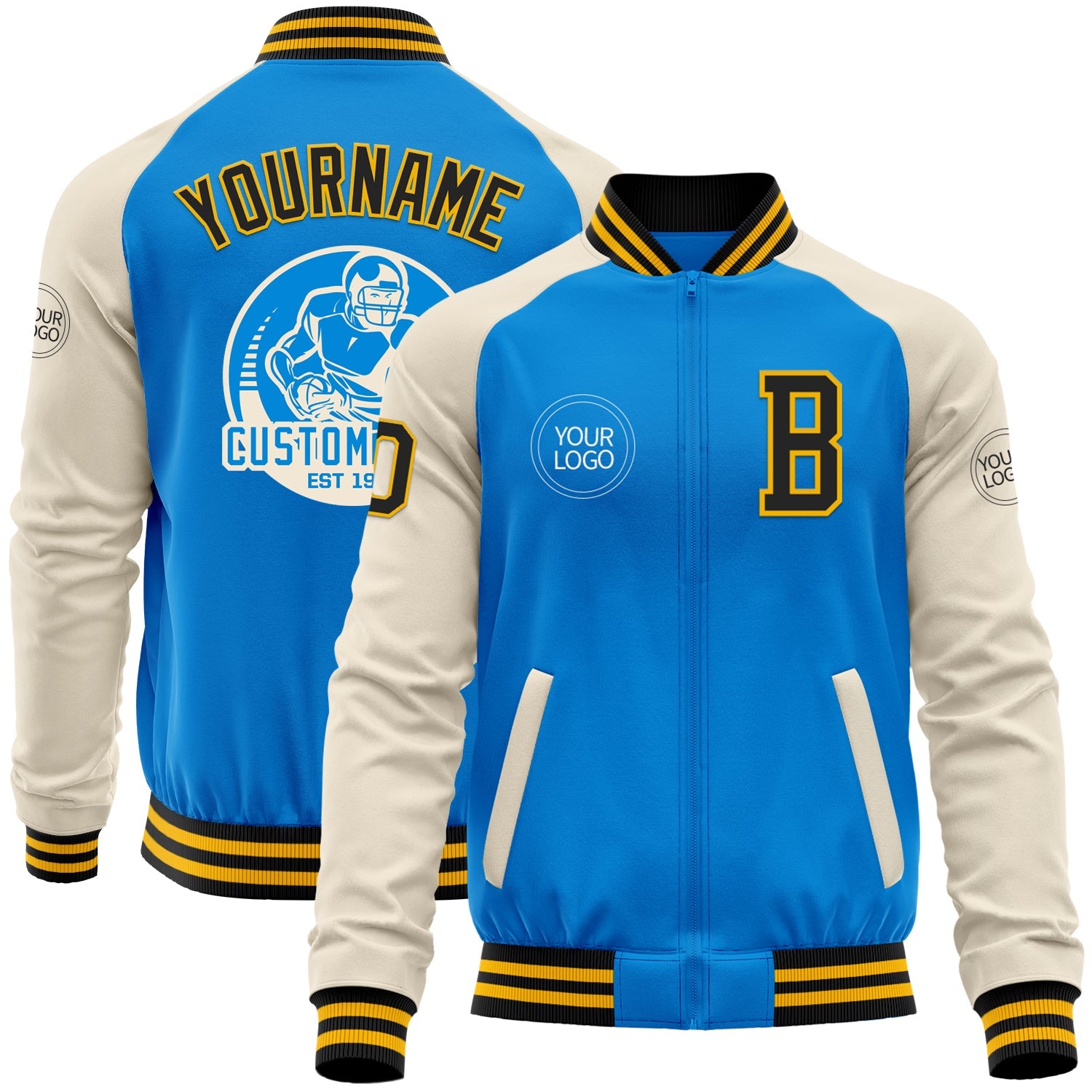 Custom Powder Blue Black Gold-Cream Bomber Varsity Letterman Two Tone Zipper Jacket - Main View