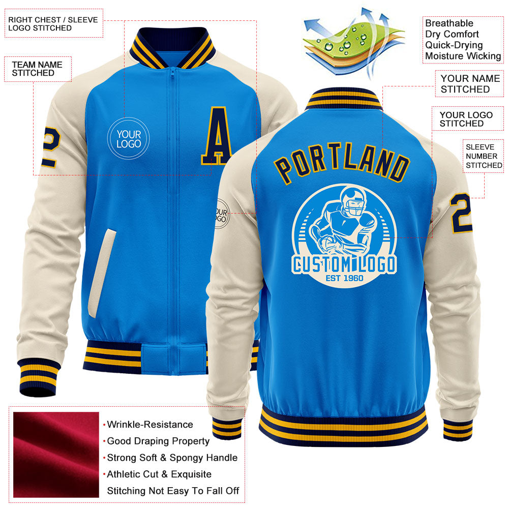 Custom Powder Blue Navy Gold-Cream Bomber Varsity Letterman Two Tone Zipper Jacket view 4