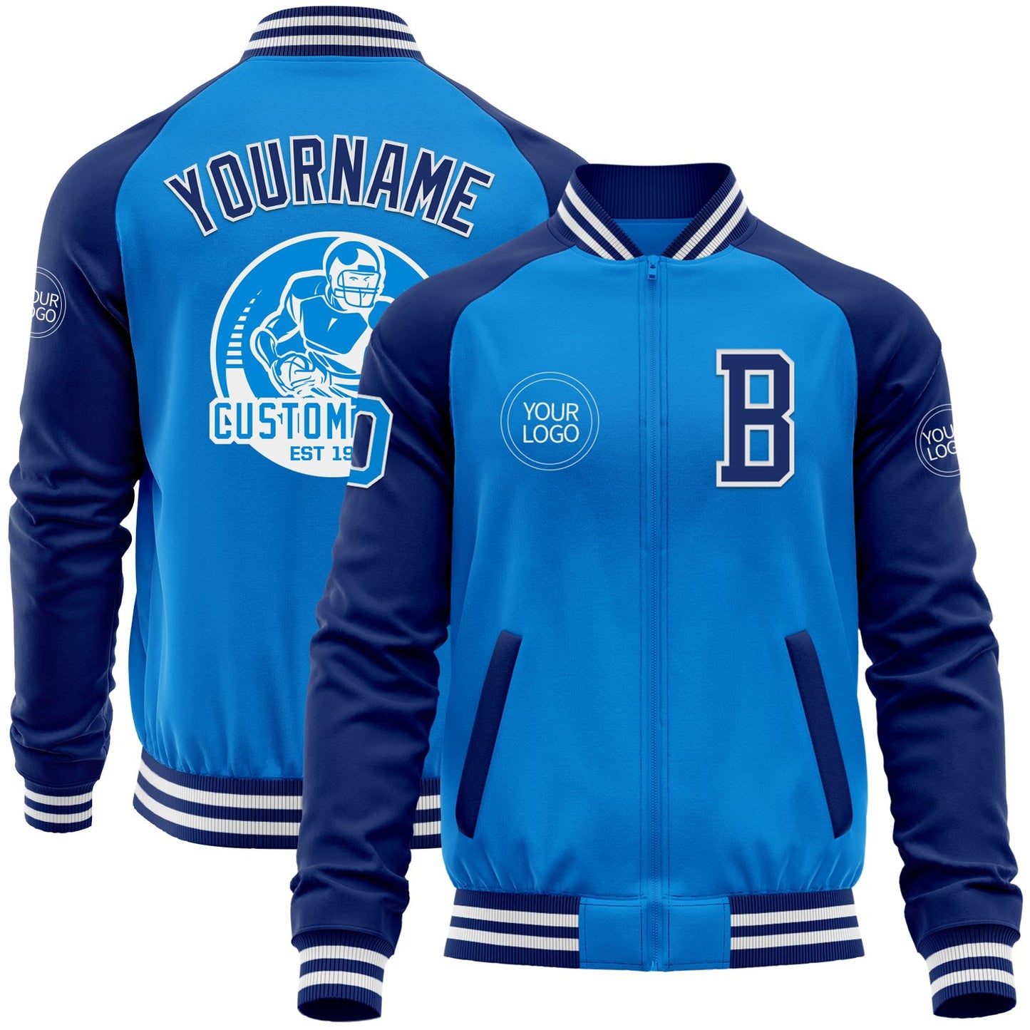 Custom Powder Blue White-Royal Bomber Varsity Letterman Two Tone Zipper Jacket - Main View