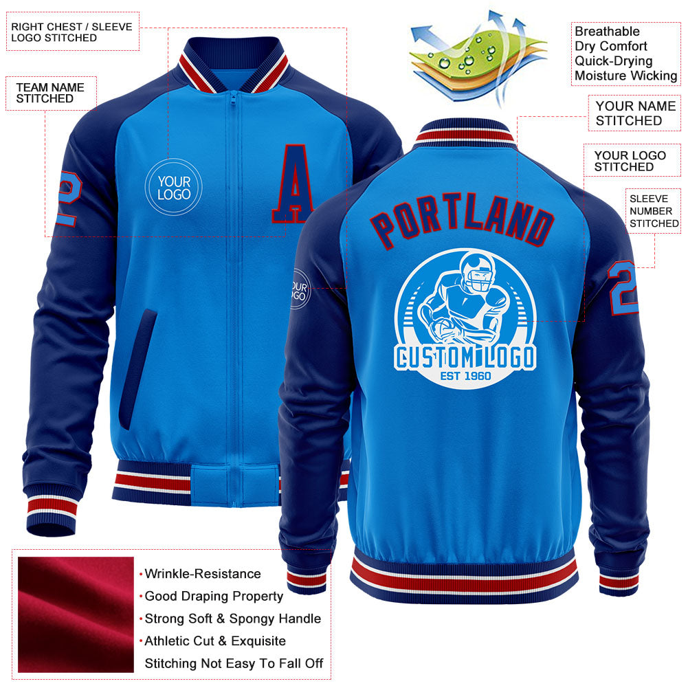 Custom Powder Blue Red-Royal Bomber Varsity Letterman Two Tone Zipper Jacket view 4