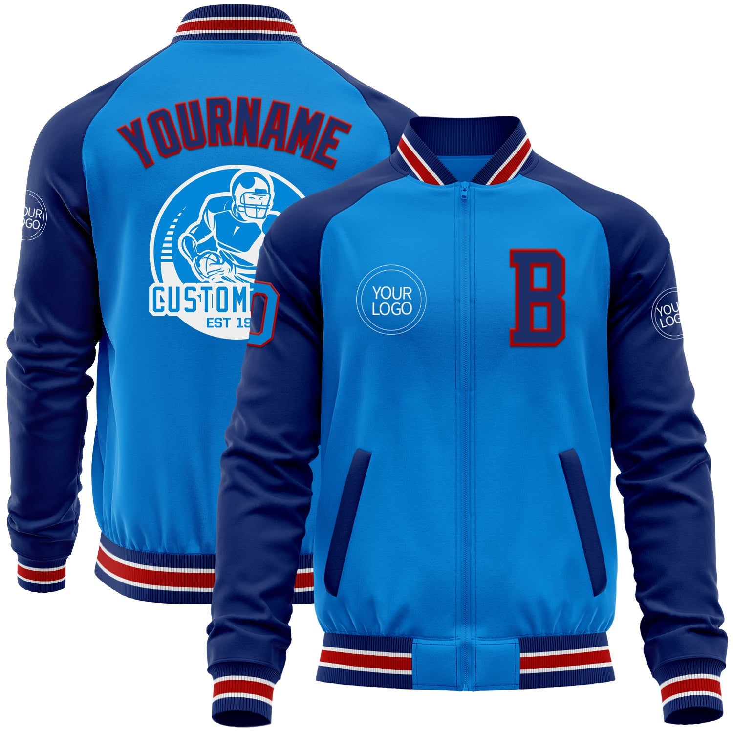 Custom Powder Blue Red-Royal Bomber Varsity Letterman Two Tone Zipper Jacket - Main View