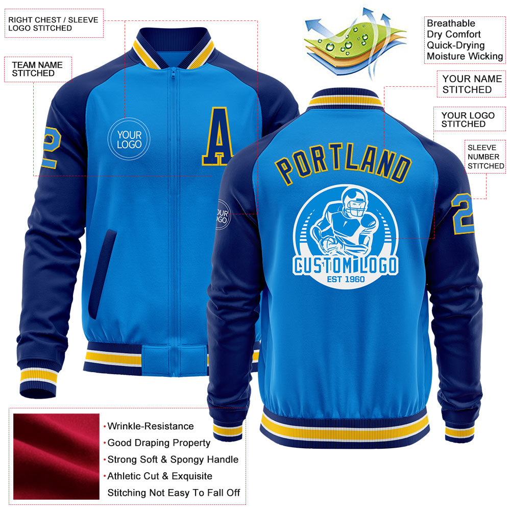 Custom Powder Blue Yellow-Royal Bomber Varsity Letterman Two Tone Zipper Jacket view 4