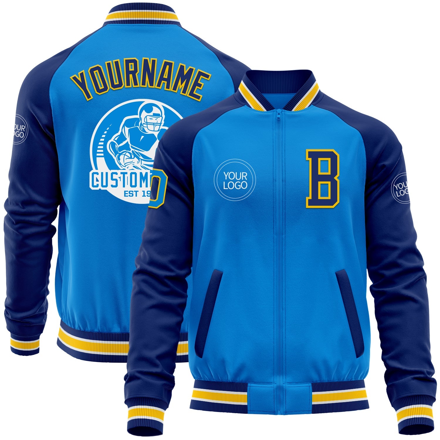 Custom Powder Blue Yellow-Royal Bomber Varsity Letterman Two Tone Zipper Jacket - Main View