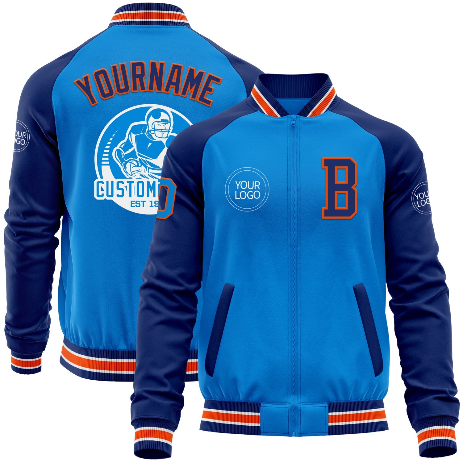 Custom Powder Blue Orange-Royal Bomber Varsity Letterman Two Tone Zipper Jacket - Main View