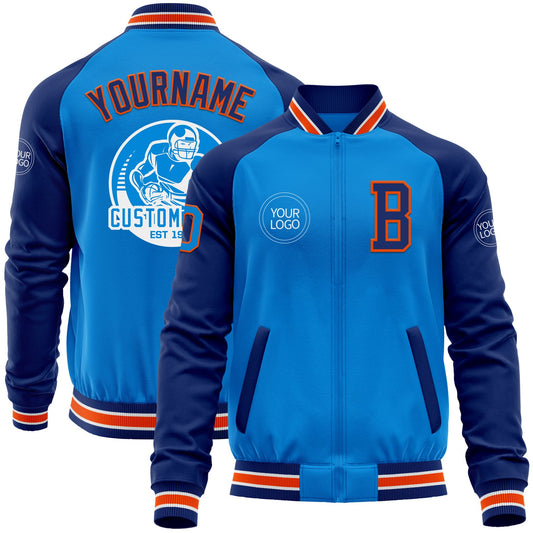 Custom Powder Blue Orange-Royal Bomber Varsity Letterman Two Tone Zipper Jacket - Main View