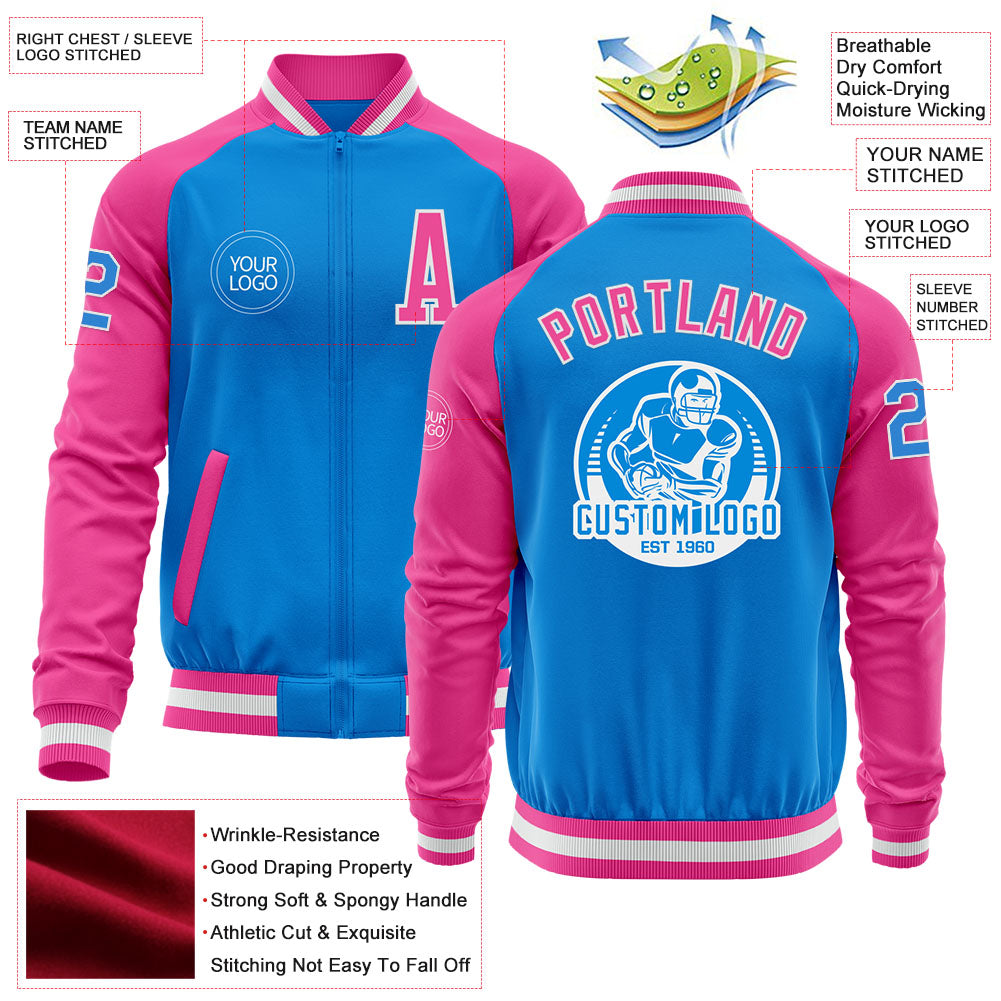 Custom Powder Blue White-Pink Bomber Varsity Letterman Two Tone Zipper Jacket view 4