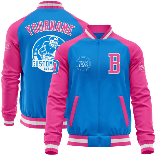 Custom Powder Blue White-Pink Bomber Varsity Letterman Two Tone Zipper Jacket - Main View