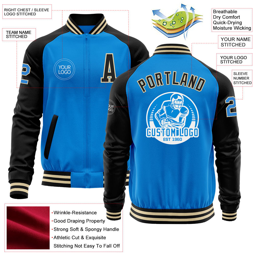 Custom Powder Blue Cream-Black Bomber Varsity Letterman Two Tone Zipper Jacket view 4