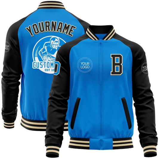 Custom Powder Blue Cream-Black Bomber Varsity Letterman Two Tone Zipper Jacket - Main View