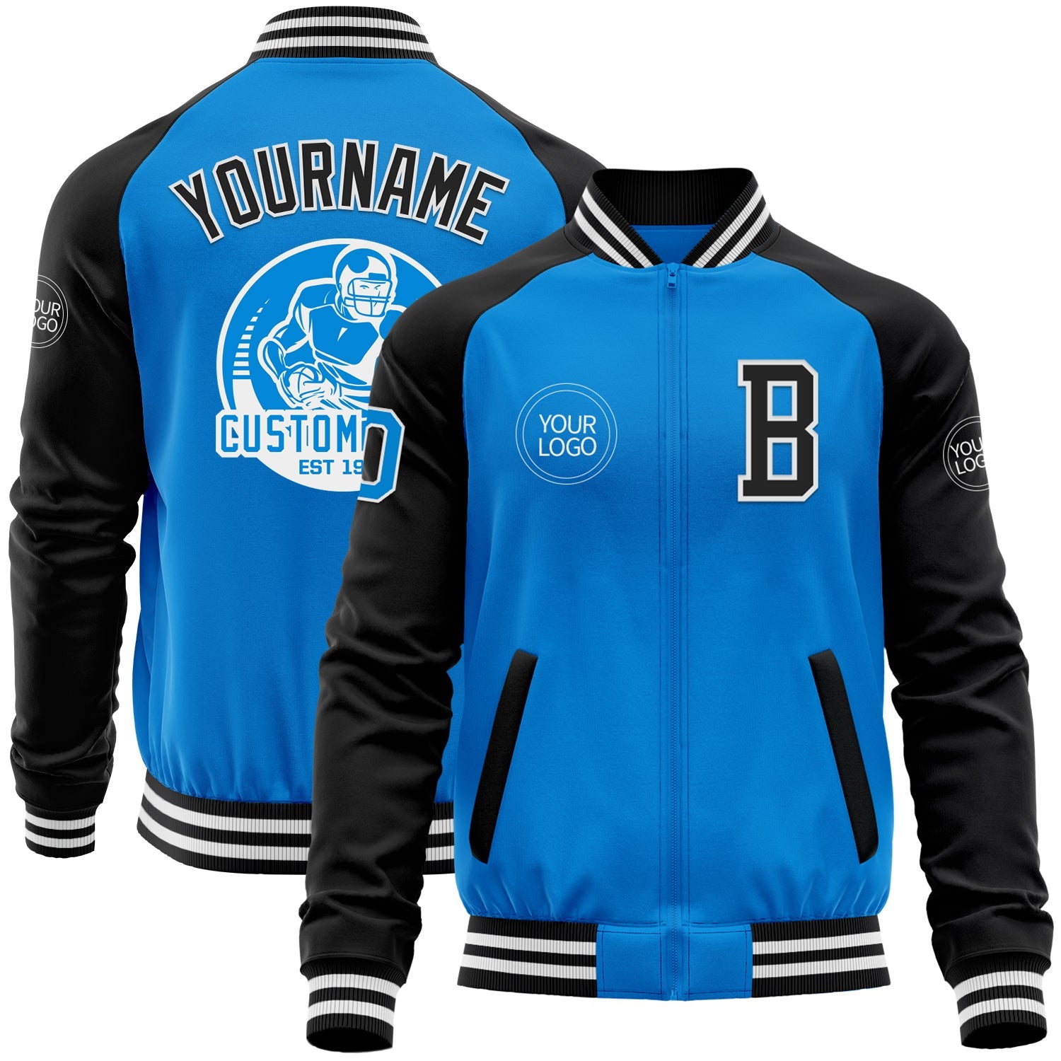 Custom Powder Blue White-Black Bomber Varsity Letterman Two Tone Zipper Jacket - Main View