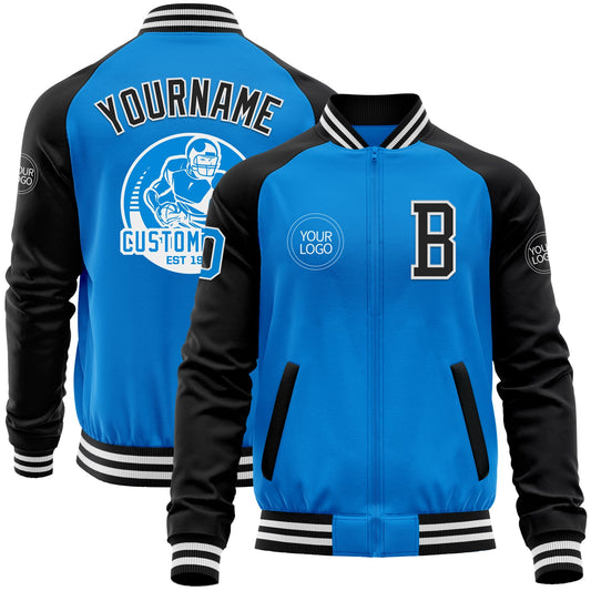 Custom Powder Blue White-Black Bomber Varsity Letterman Two Tone Zipper Jacket - Main View