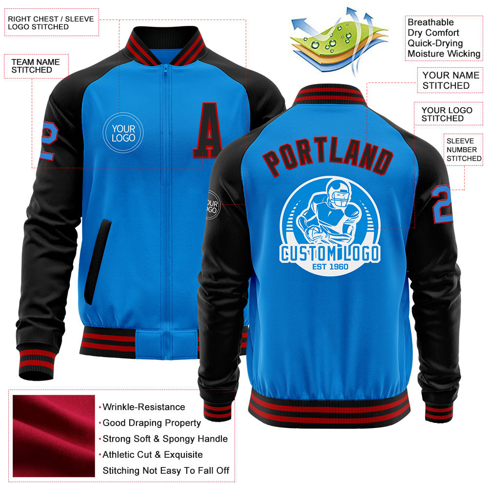 Custom Powder Blue Red-Black Bomber Varsity Letterman Two Tone Zipper Jacket view 4