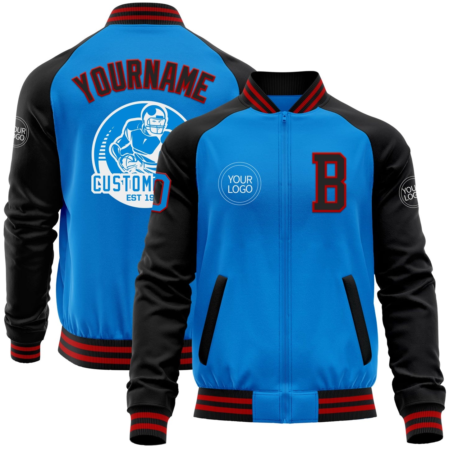 Custom Powder Blue Red-Black Bomber Varsity Letterman Two Tone Zipper Jacket - Main View