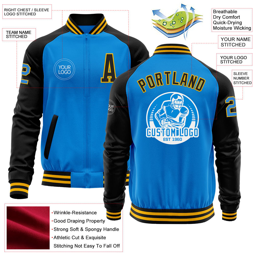 Custom Powder Blue Gold-Black Bomber Varsity Letterman Two Tone Zipper Jacket view 4