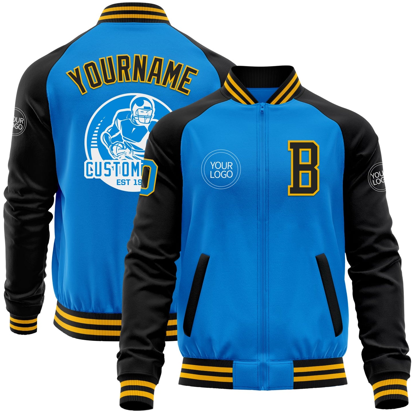Custom Powder Blue Gold-Black Bomber Varsity Letterman Two Tone Zipper Jacket - Main View