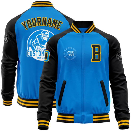 Custom Powder Blue Gold-Black Bomber Varsity Letterman Two Tone Zipper Jacket - Main View