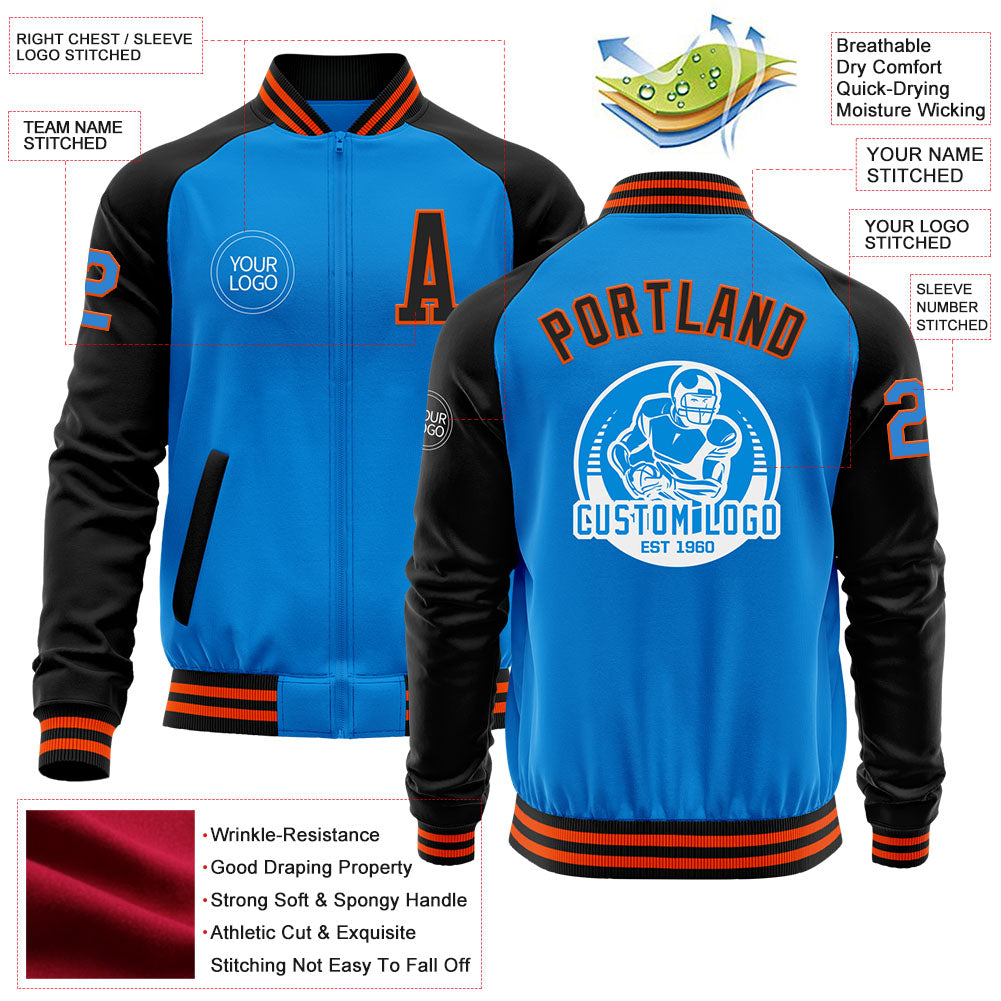 Custom Powder Blue Orange-Black Bomber Varsity Letterman Two Tone Zipper Jacket view 4