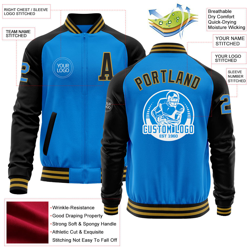 Custom Powder Blue Old Gold-Black Bomber Varsity Letterman Two Tone Zipper Jacket view 4