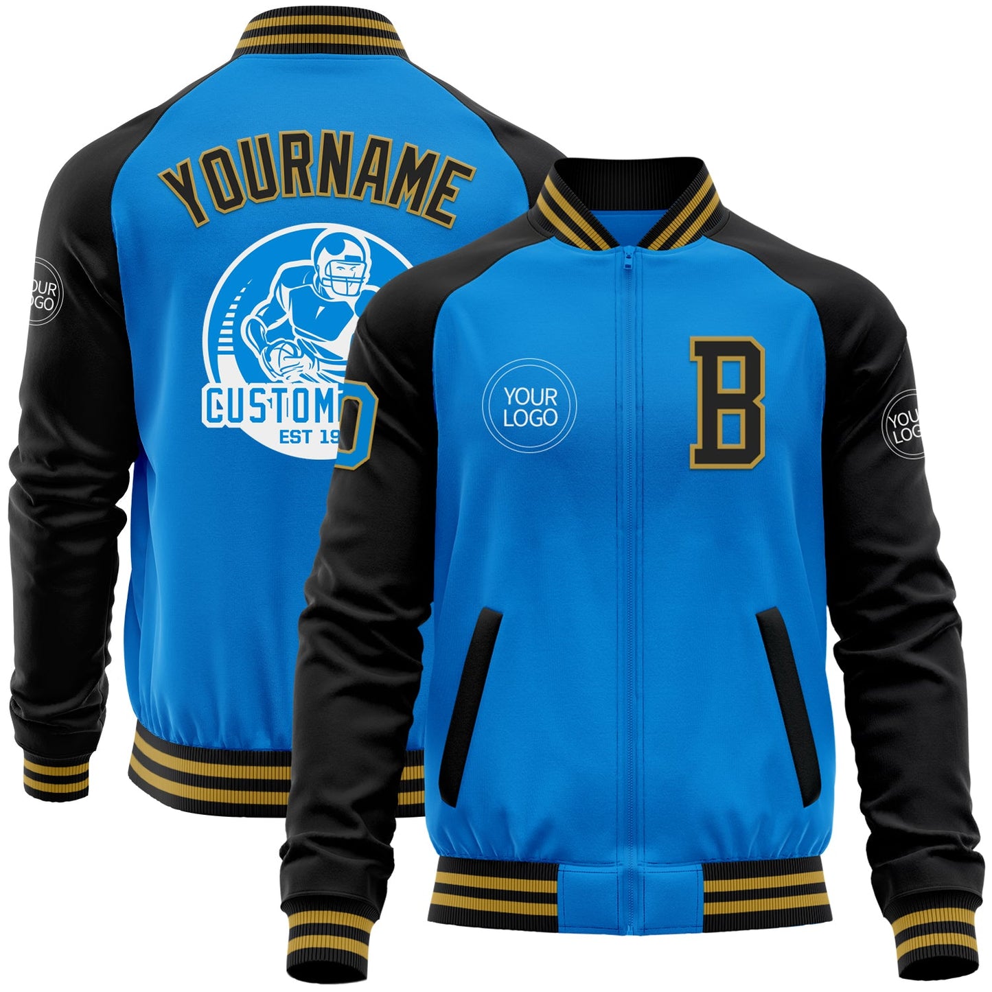 Custom Powder Blue Old Gold-Black Bomber Varsity Letterman Two Tone Zipper Jacket - Main View
