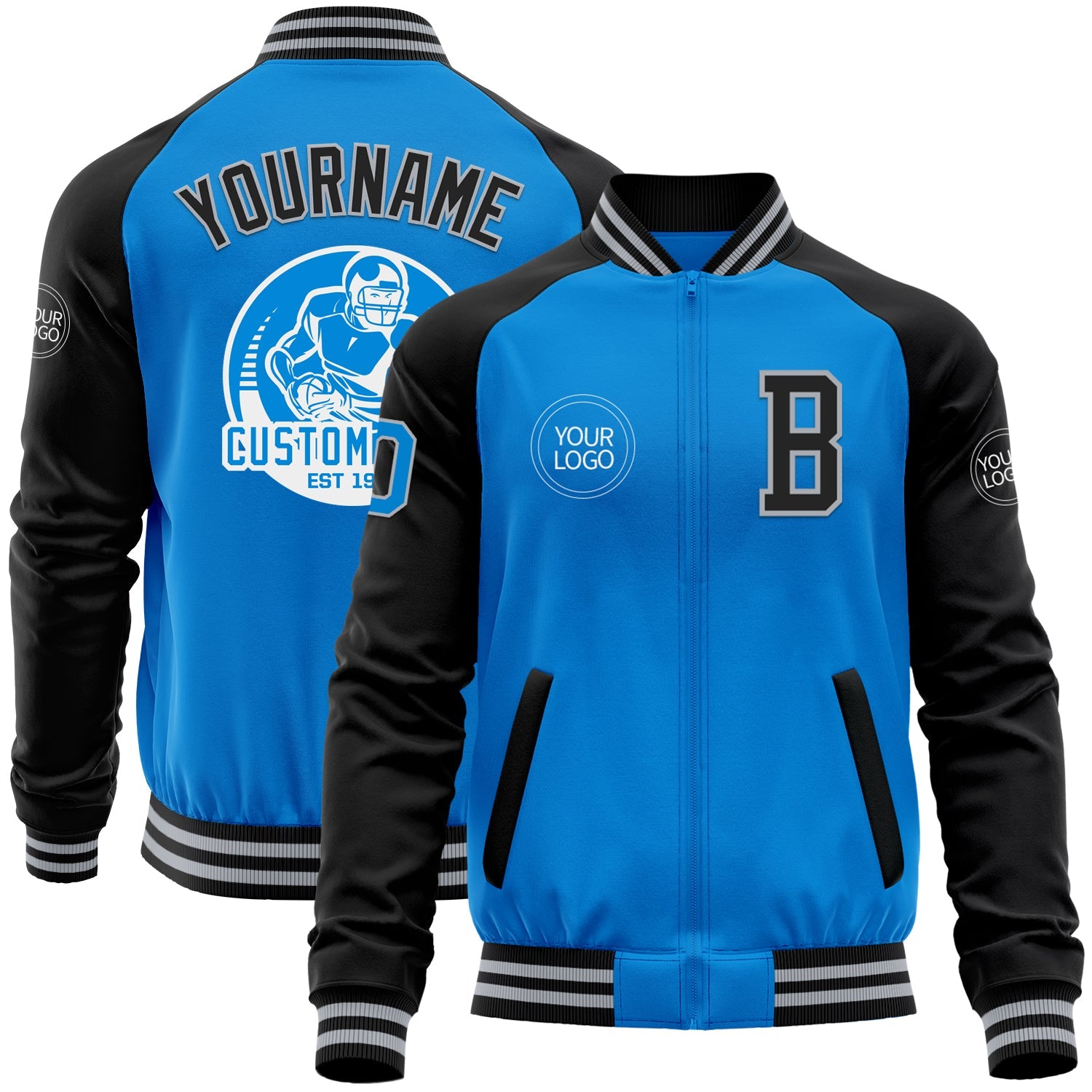 Custom Powder Blue Gray-Black Bomber Varsity Letterman Two Tone Zipper Jacket - Main View