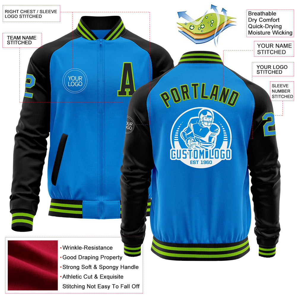 Custom Powder Blue Neon Green-Black Bomber Varsity Letterman Two Tone Zipper Jacket view 4