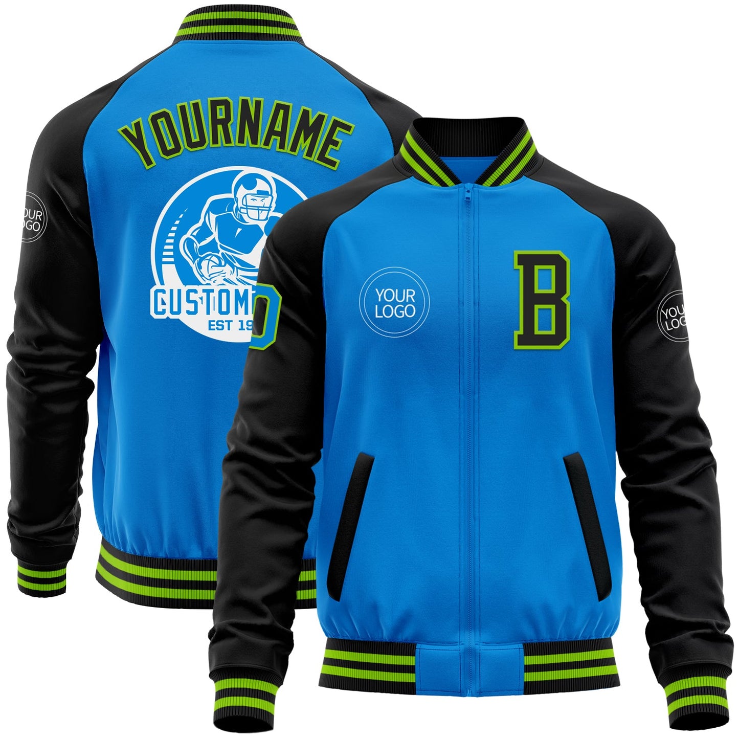 Custom Powder Blue Neon Green-Black Bomber Varsity Letterman Two Tone Zipper Jacket - Main View
