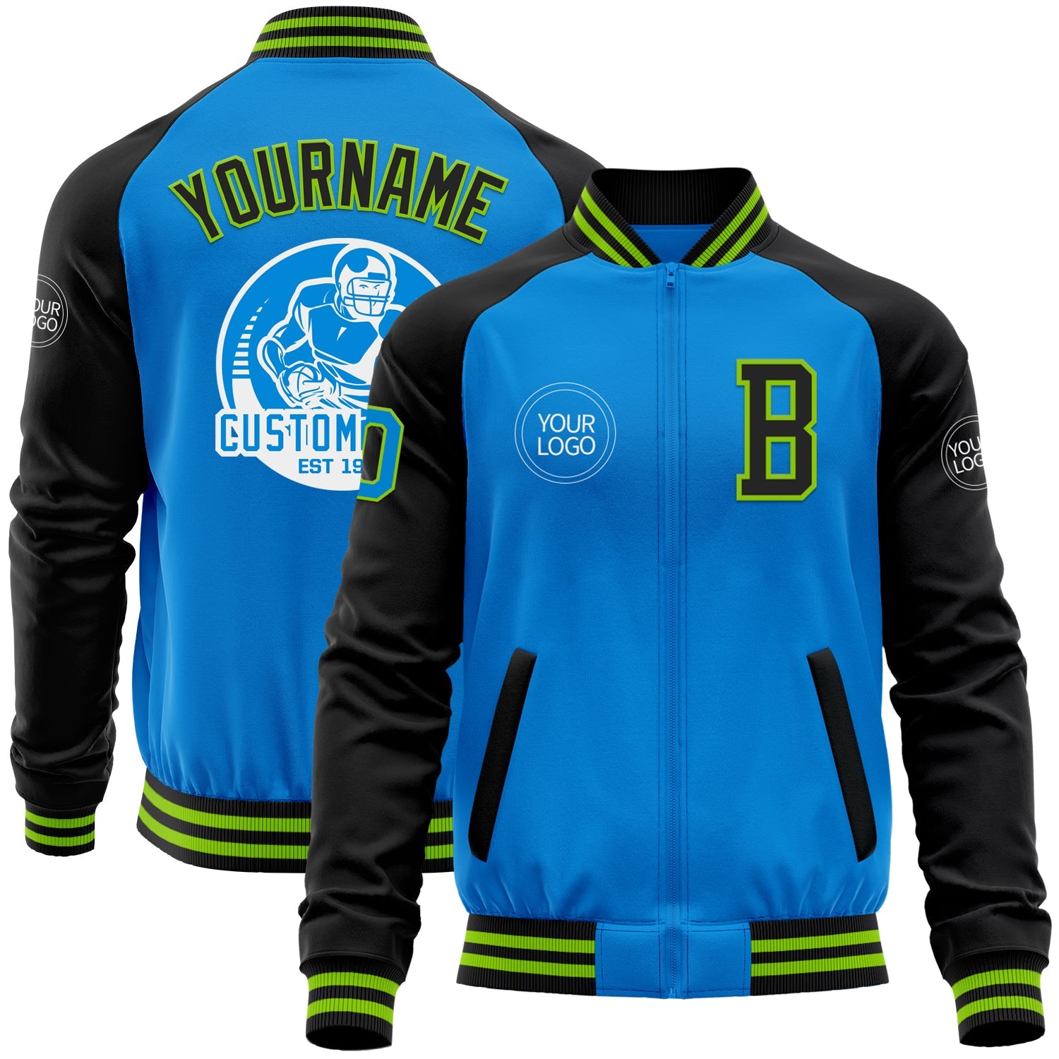Custom Powder Blue Neon Green-Black Bomber Varsity Letterman Two Tone Zipper Jacket - Main View