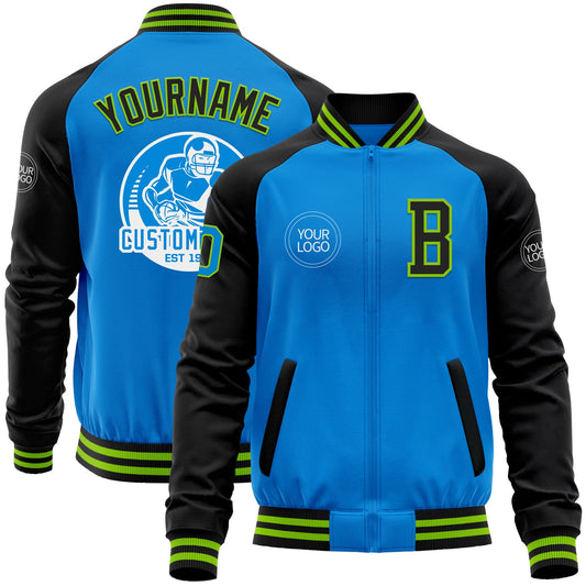 Custom Powder Blue Neon Green-Black Bomber Varsity Letterman Two Tone Zipper Jacket - Main View
