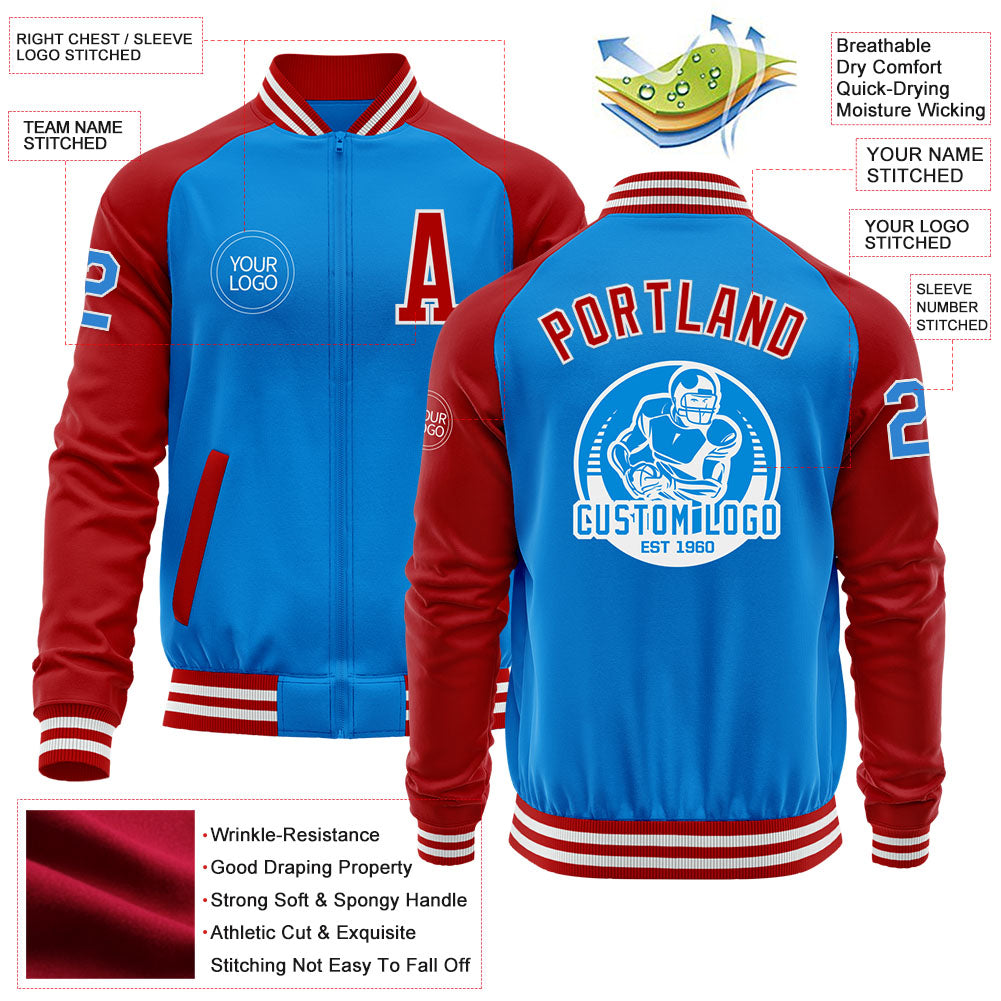 Custom Powder Blue White-Red Bomber Varsity Letterman Two Tone Zipper Jacket view 4