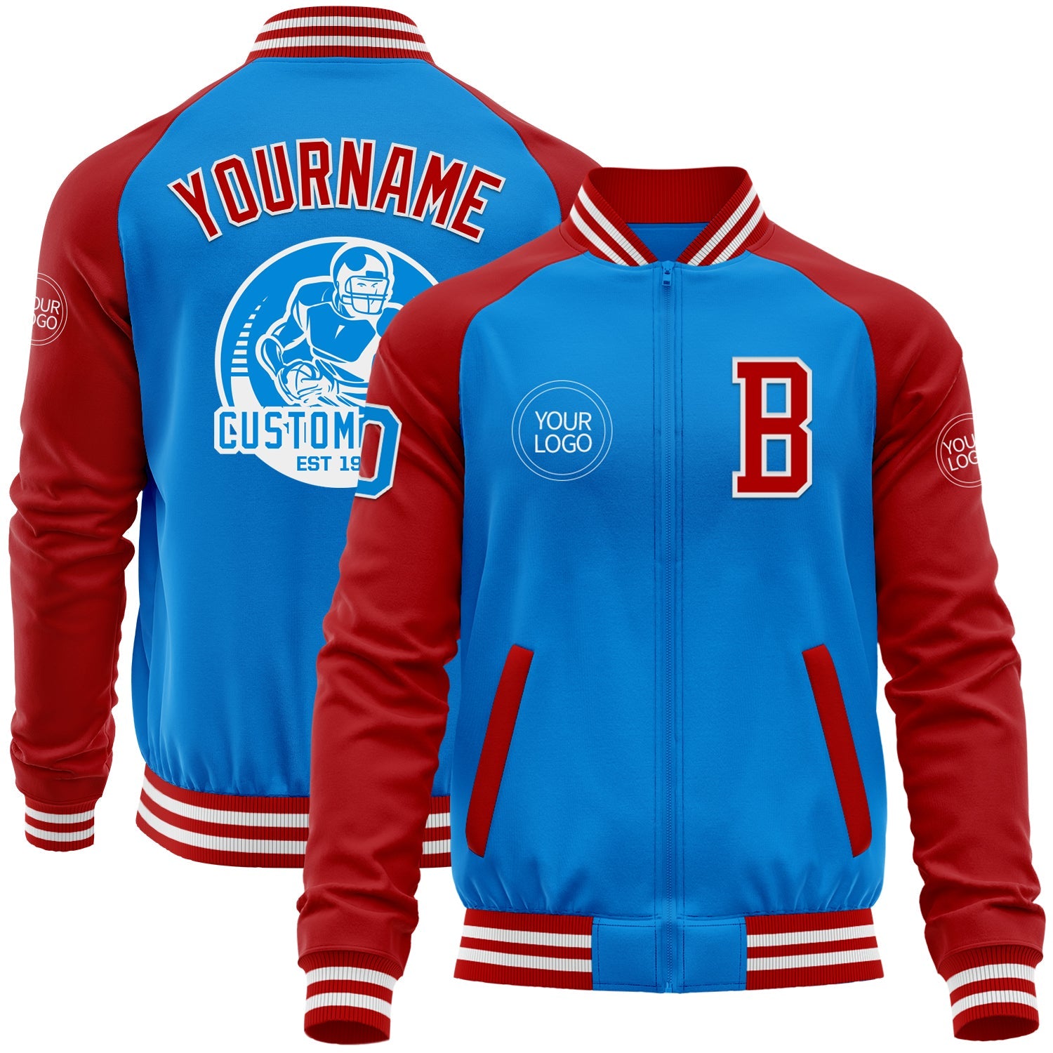 Custom Powder Blue White-Red Bomber Varsity Letterman Two Tone Zipper Jacket - Main View
