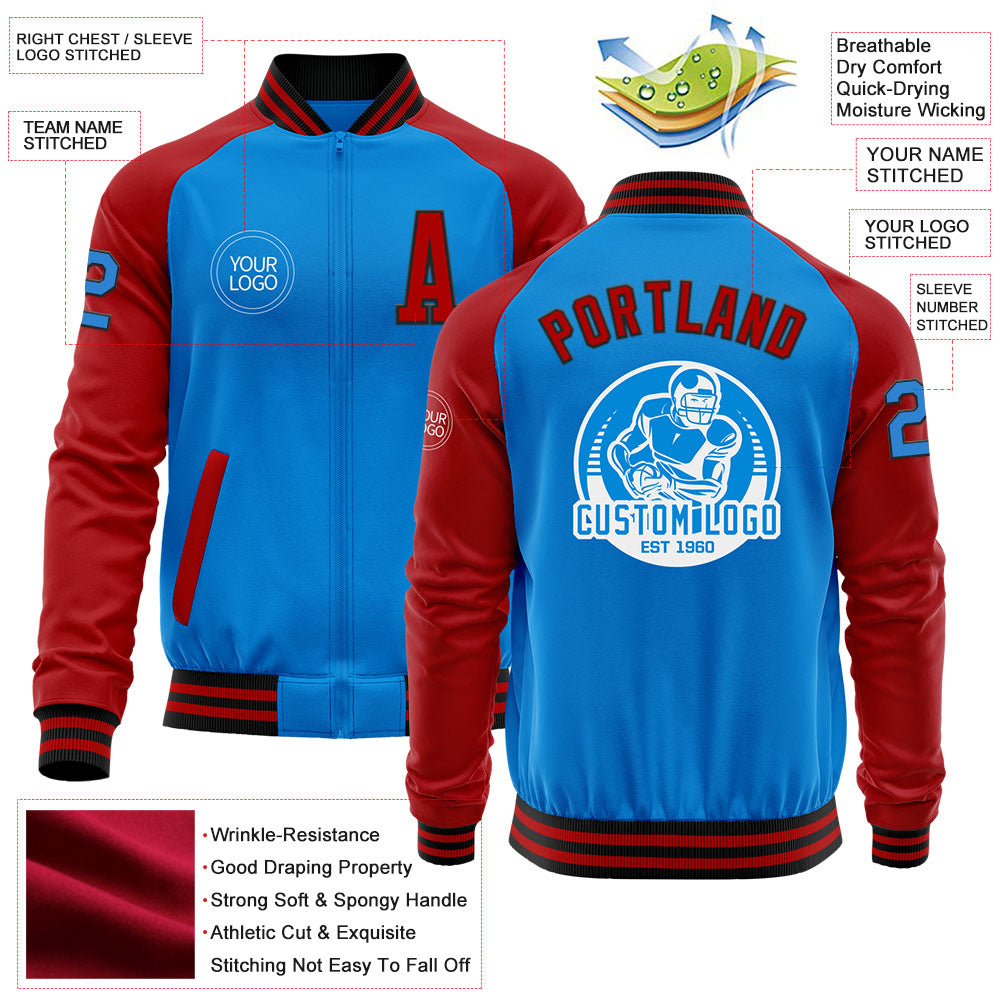 Custom Powder Blue Black-Red Bomber Varsity Letterman Two Tone Zipper Jacket view 4