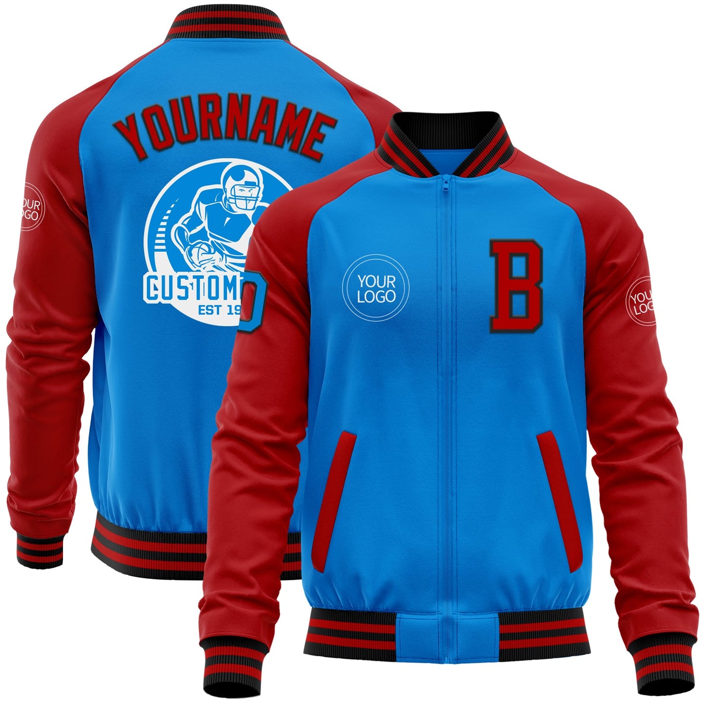 Custom Powder Blue Black-Red Bomber Varsity Letterman Two Tone Zipper Jacket - Main View