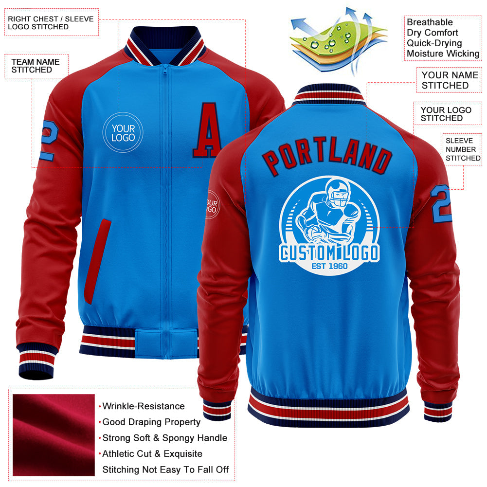 Custom Powder Blue Navy-Red Bomber Varsity Letterman Two Tone Zipper Jacket view 4