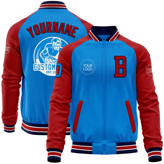 Custom Powder Blue Navy-Red Bomber Varsity Letterman Two Tone Zipper Jacket - Main View