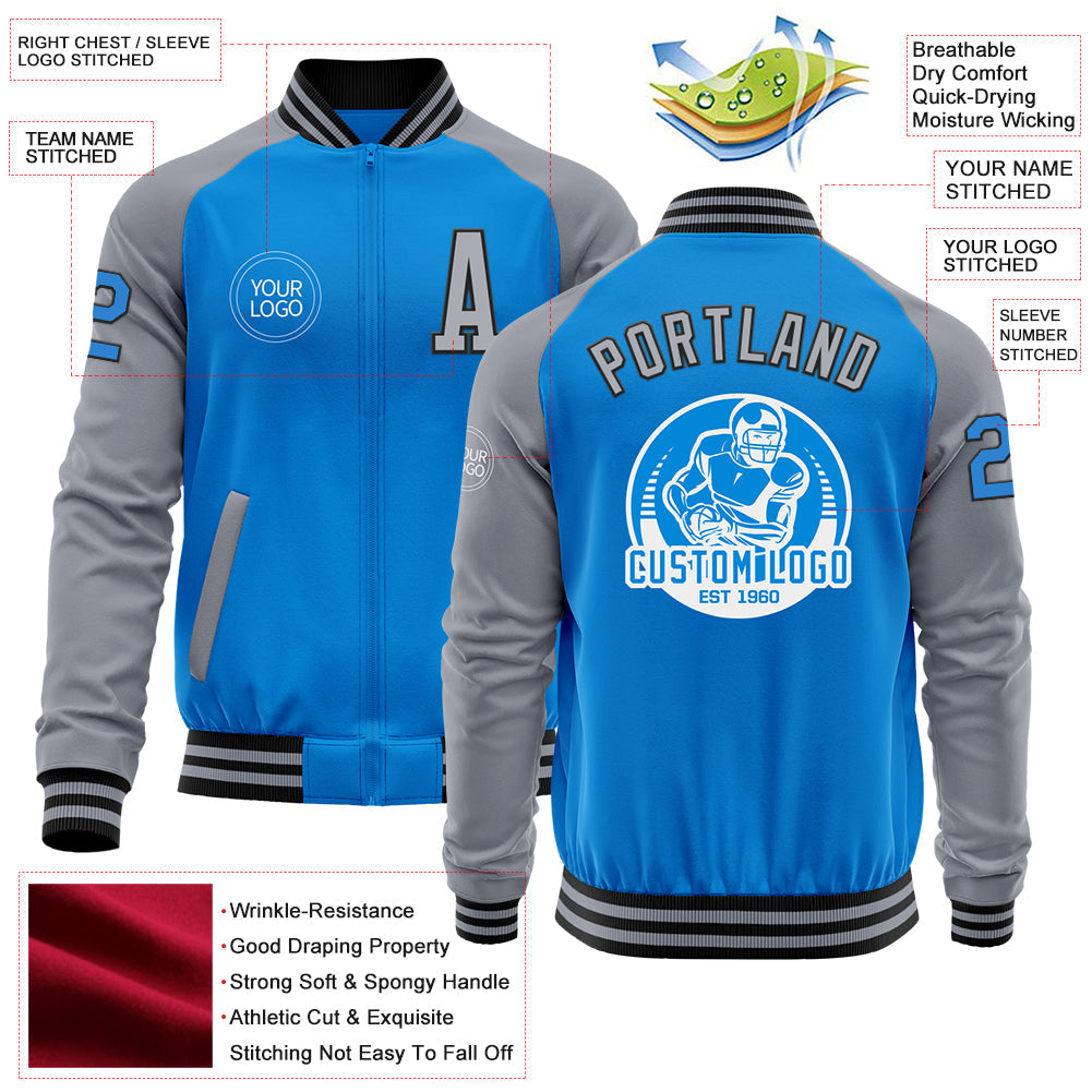 Custom Powder Blue Black-Gray Bomber Varsity Letterman Two Tone Zipper Jacket view 4