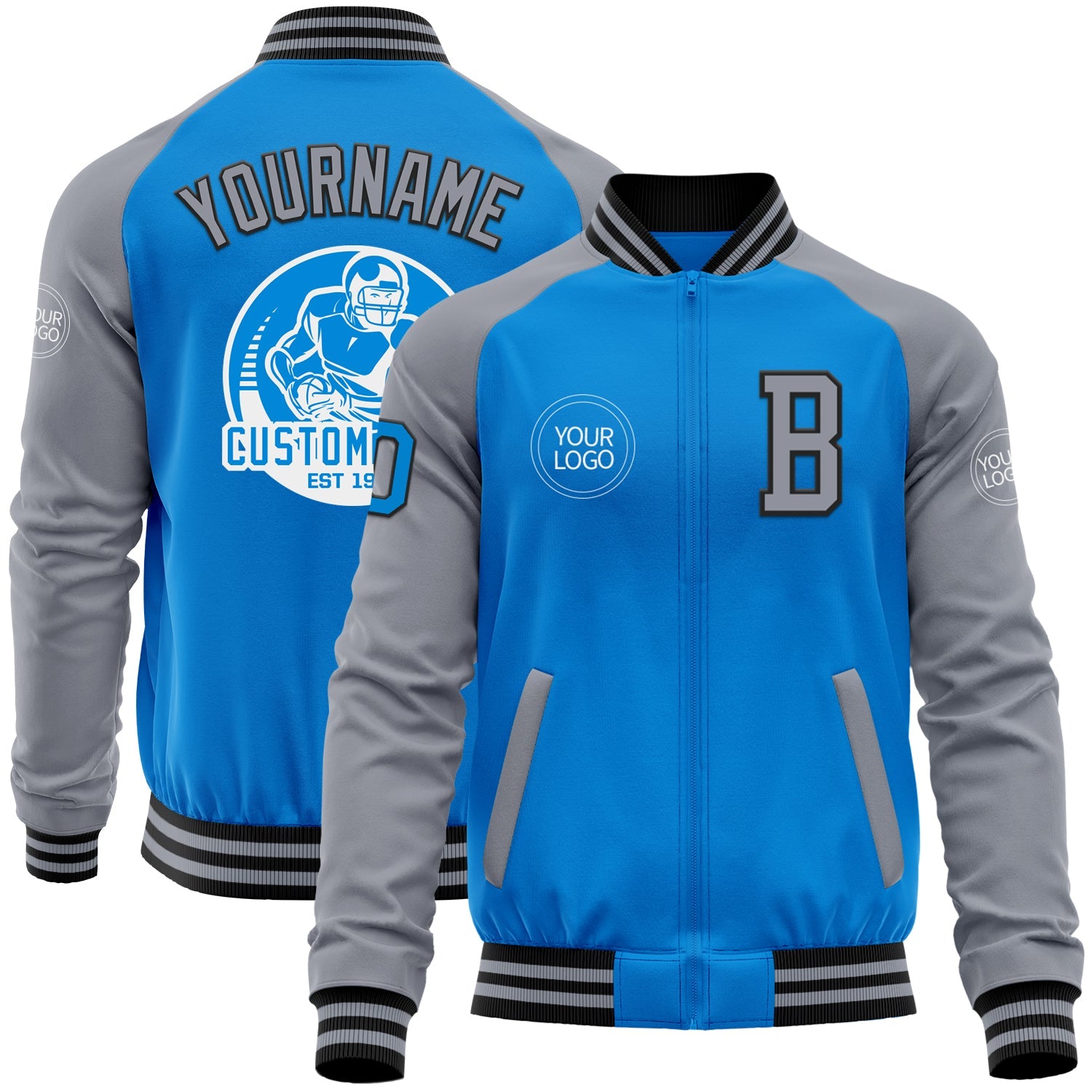 Custom Powder Blue Black-Gray Bomber Varsity Letterman Two Tone Zipper Jacket - Main View