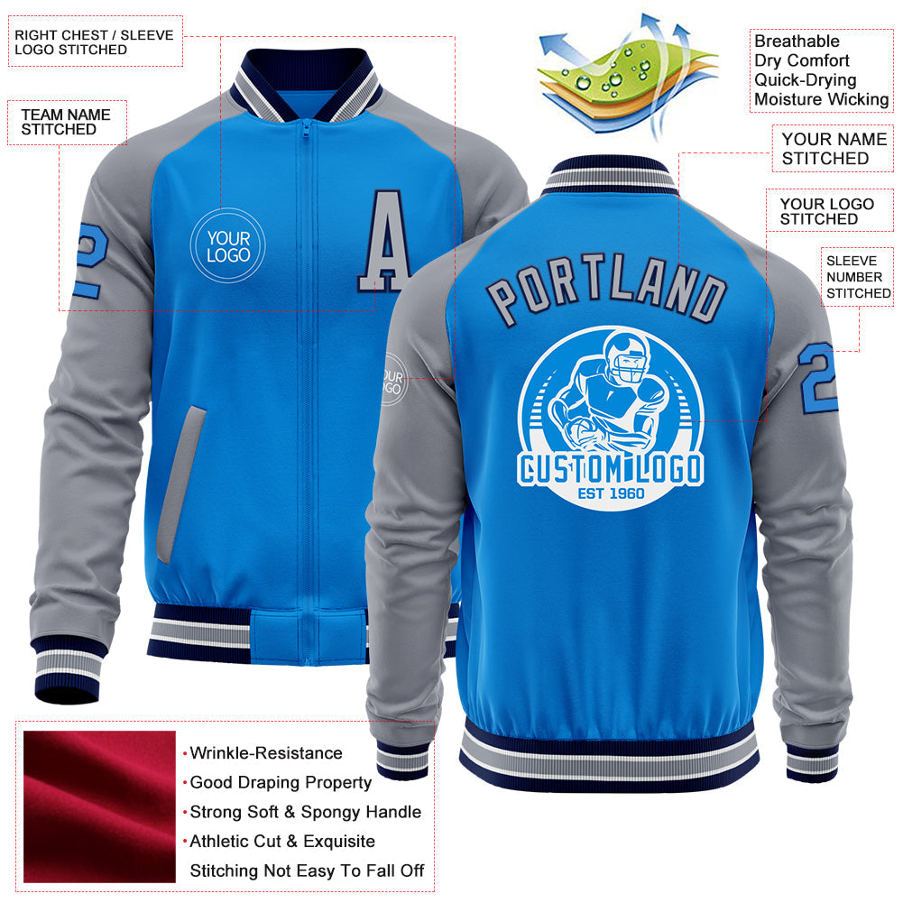 Custom Powder Blue Navy-Gray Bomber Varsity Letterman Two Tone Zipper Jacket view 4