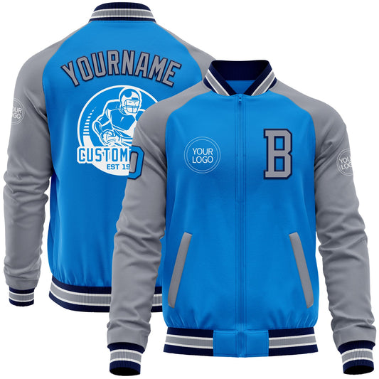 Custom Powder Blue Navy-Gray Bomber Varsity Letterman Two Tone Zipper Jacket - Main View