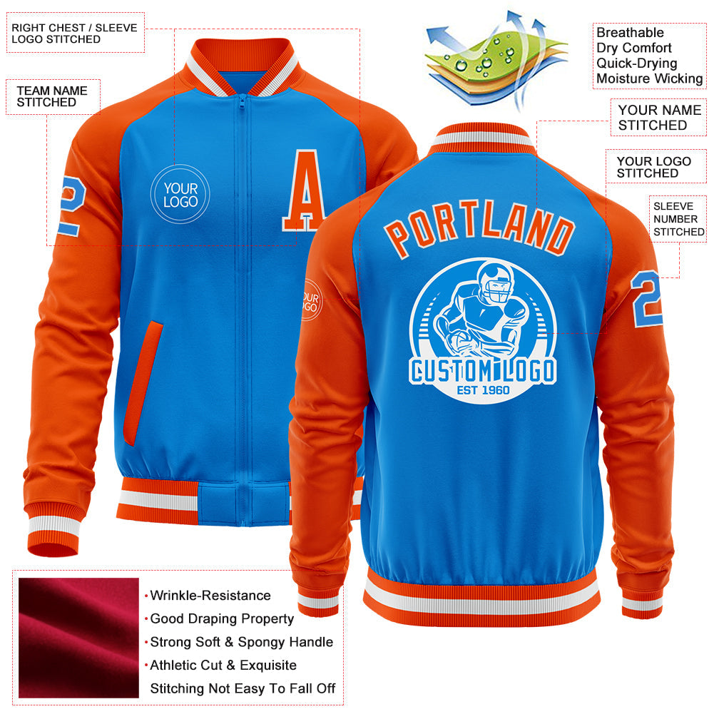 Custom Powder Blue White-Orange Bomber Varsity Letterman Two Tone Zipper Jacket view 4