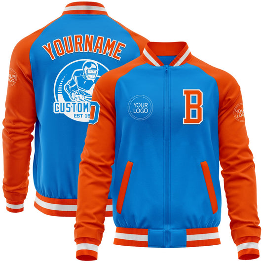 Custom Powder Blue White-Orange Bomber Varsity Letterman Two Tone Zipper Jacket - Main View