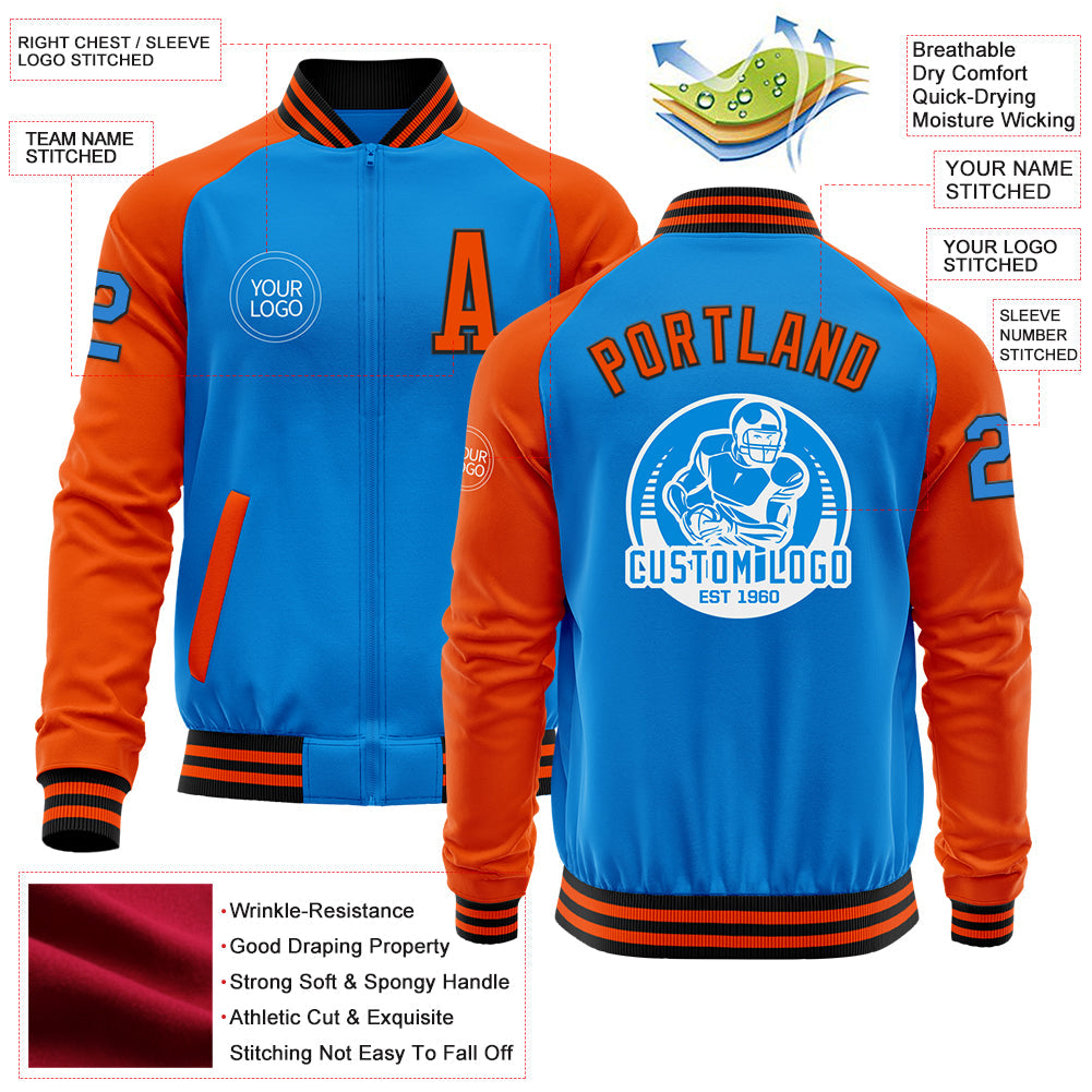 Custom Powder Blue Black-Orange Bomber Varsity Letterman Two Tone Zipper Jacket view 4