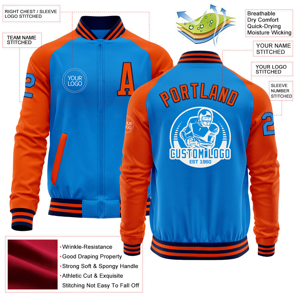 Custom Powder Blue Navy-Orange Bomber Varsity Letterman Two Tone Zipper Jacket view 4