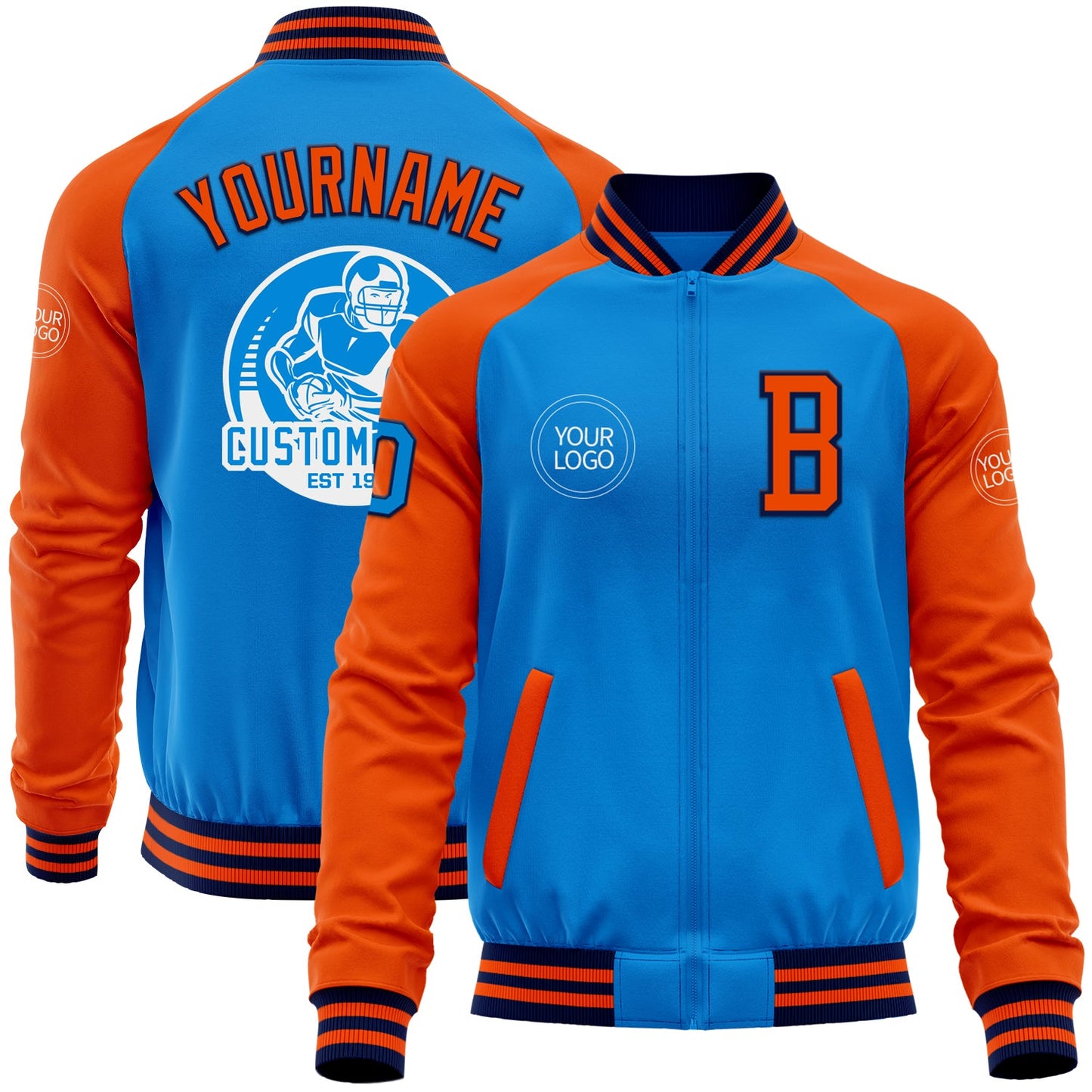 Custom Powder Blue Navy-Orange Bomber Varsity Letterman Two Tone Zipper Jacket - Main View