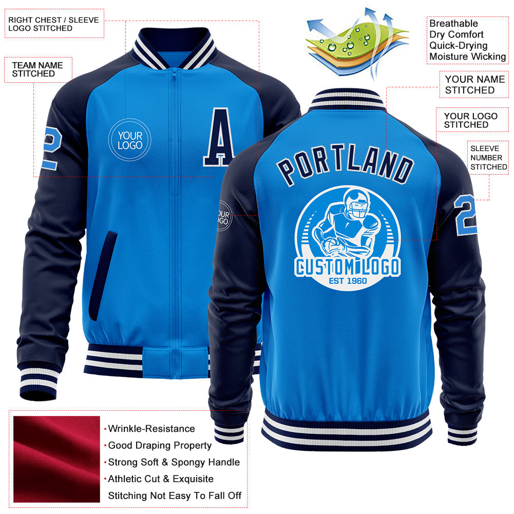Custom Powder Blue White-Navy Bomber Varsity Letterman Two Tone Zipper Jacket view 4