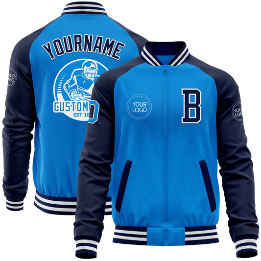 Custom Powder Blue White-Navy Bomber Varsity Letterman Two Tone Zipper Jacket - Main View
